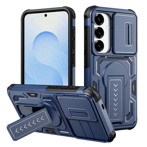 For Samsung Galaxy S25  /  S24 Case Slide Lens Shield PC + TPU Kickstand Phone Cover - Blue - 1