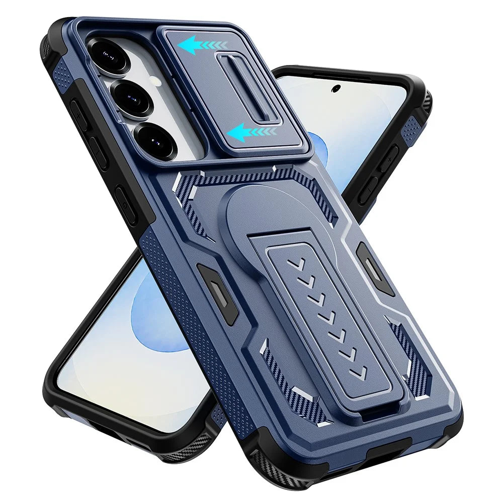 For Samsung Galaxy S25  /  S24 Case Slide Lens Shield PC + TPU Kickstand Phone Cover - Blue - 3