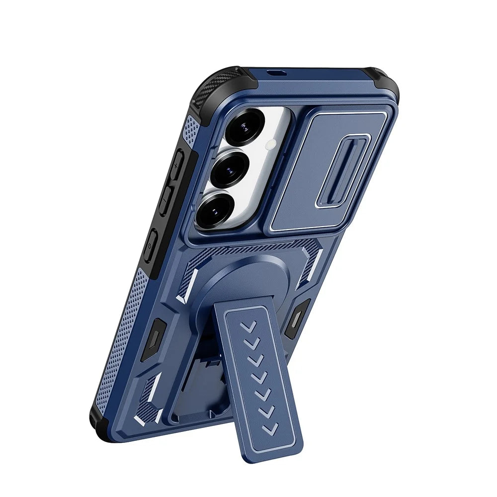 For Samsung Galaxy S25  /  S24 Case Slide Lens Shield PC + TPU Kickstand Phone Cover - Blue - 4