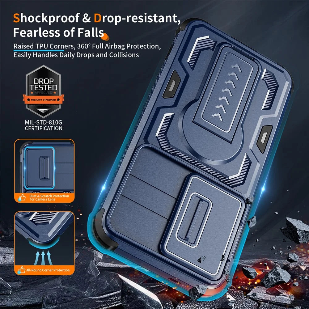 For Samsung Galaxy S25  /  S24 Case Slide Lens Shield PC + TPU Kickstand Phone Cover - Blue - 5