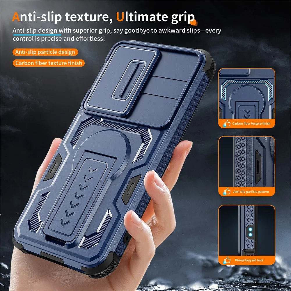 For Samsung Galaxy S25  /  S24 Case Slide Lens Shield PC + TPU Kickstand Phone Cover - Blue - 6