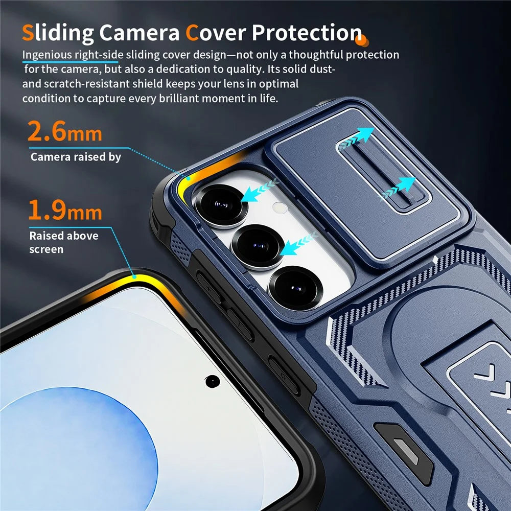 For Samsung Galaxy S25  /  S24 Case Slide Lens Shield PC + TPU Kickstand Phone Cover - Blue - 7