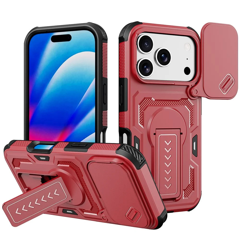 For iPhone 18 Pro / 17 Pro Case Slide Lens Shield PC + TPU Kickstand Phone Cover - Red - 1