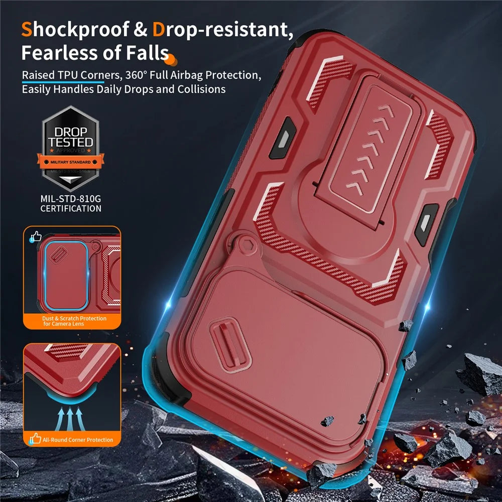 For iPhone 18 Pro / 17 Pro Case Slide Lens Shield PC + TPU Kickstand Phone Cover - Red - 5