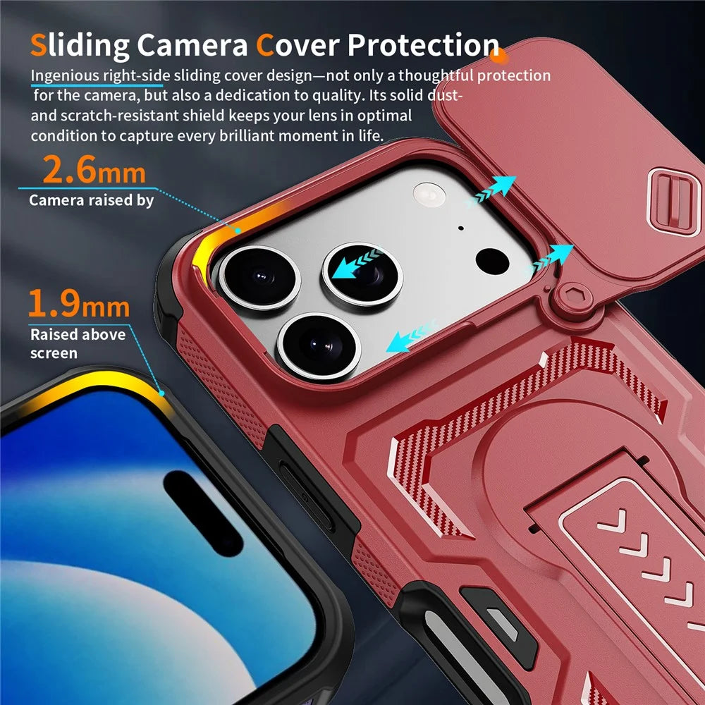 For iPhone 18 Pro / 17 Pro Case Slide Lens Shield PC + TPU Kickstand Phone Cover - Red - 7