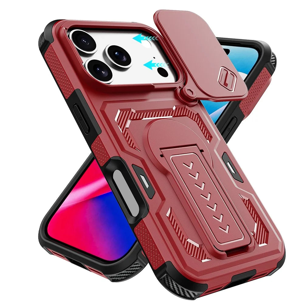 For iPhone 18 Pro Max / 17 Pro Max / 16 Pro Max Case Slide Lens Shield PC + TPU Kickstand Phone Cover - Red - 3