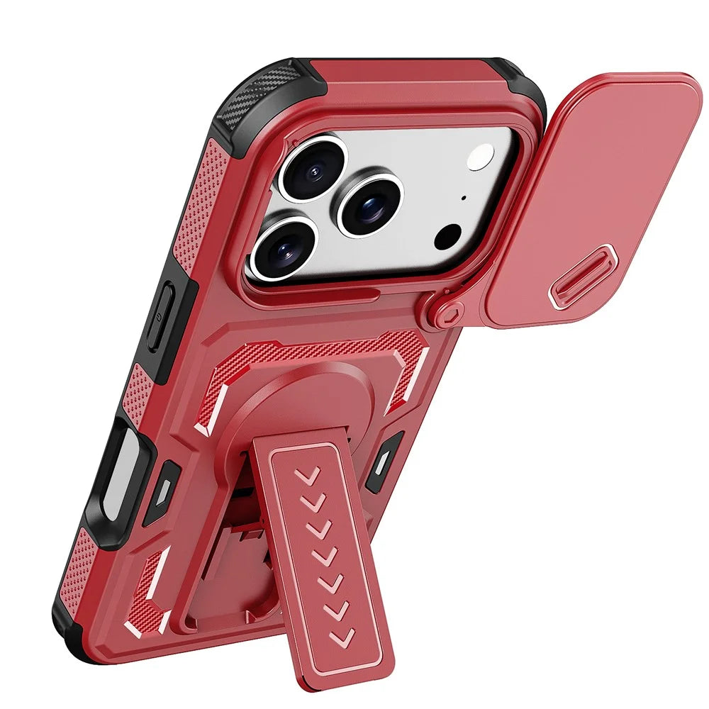 For iPhone 18 Pro Max / 17 Pro Max / 16 Pro Max Case Slide Lens Shield PC + TPU Kickstand Phone Cover - Red - 4