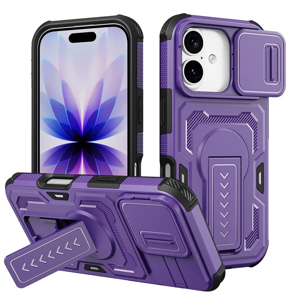 For iPhone 17  /  16 Pro Case Slide Lens Shield PC + TPU Kickstand Phone Cover - Purple - 1