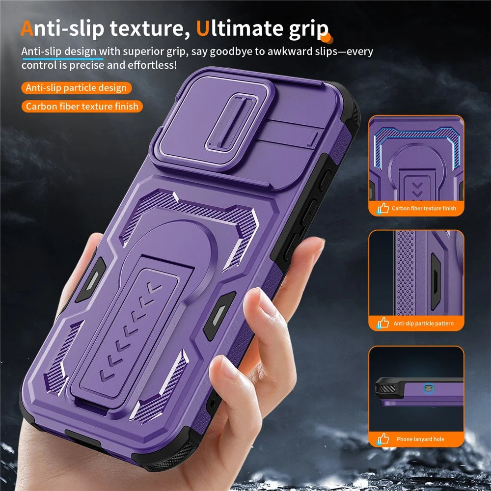 For iPhone 17  /  16 Pro Case Slide Lens Shield PC + TPU Kickstand Phone Cover - Purple - 6