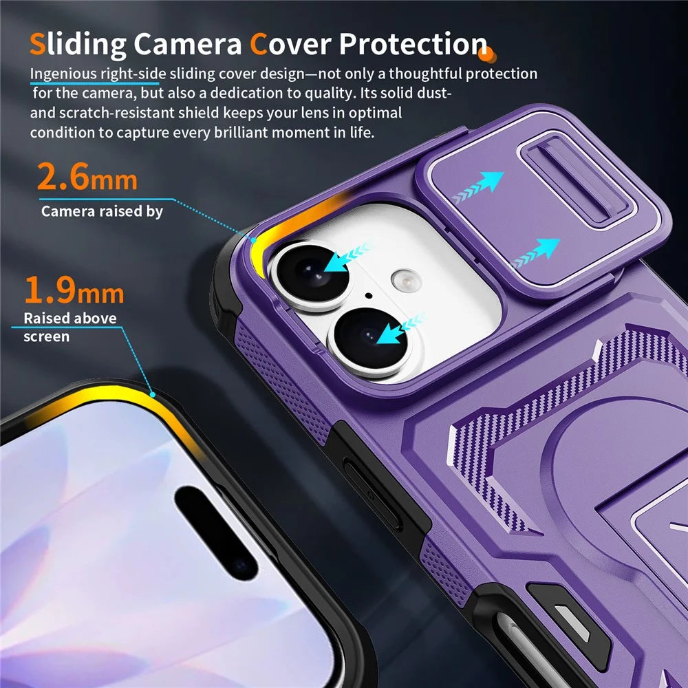 For iPhone 17  /  16 Pro Case Slide Lens Shield PC + TPU Kickstand Phone Cover - Purple - 7