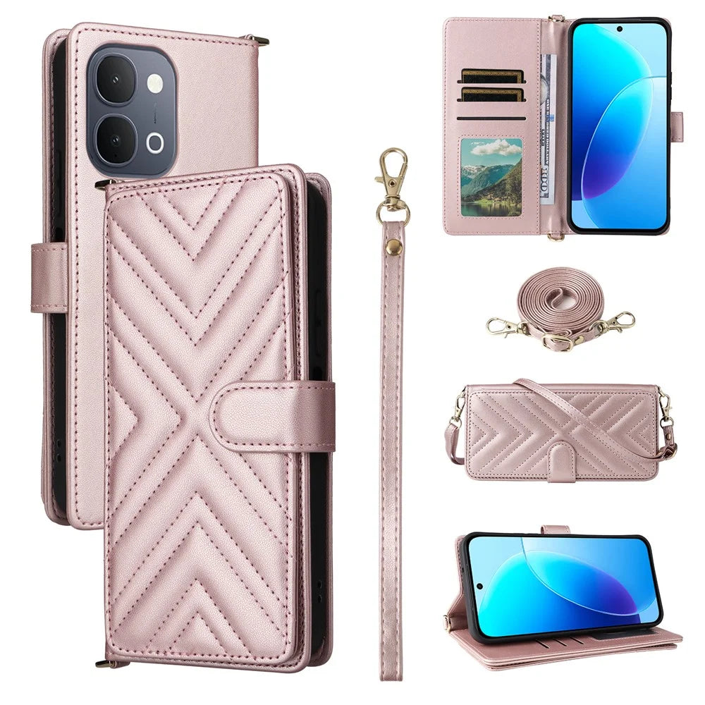 For vivo Y31d 4G  /  Y500i 5G Leather Case Stand Wallet Phone Cover with Shoulder  /  Wrist Strap - Pink - 1