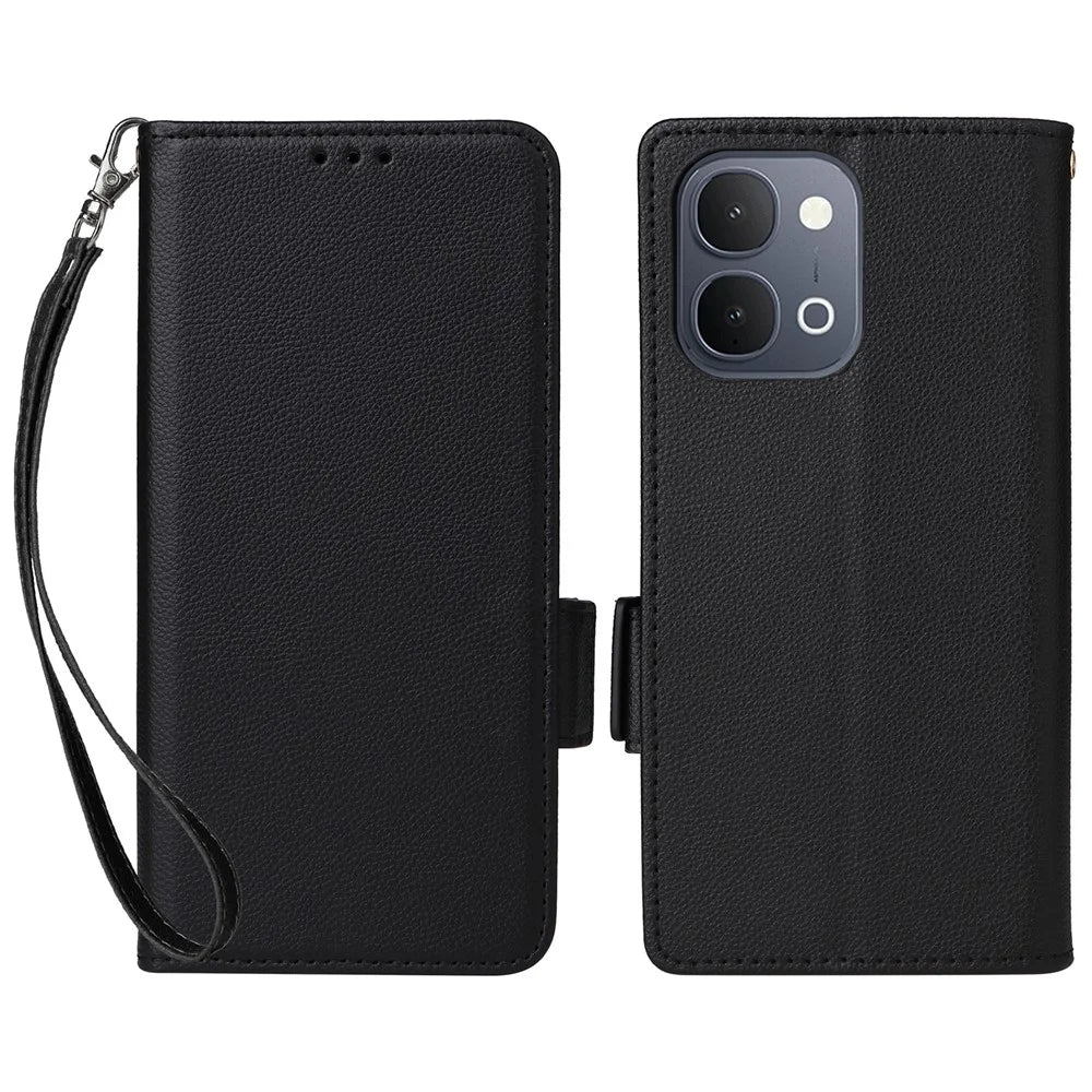 Phone Case For vivo Y31d 4G  /  Y500i 5G Litchi Texture Wallet Leather Phone Cover with Wrist Strap - Black - 1