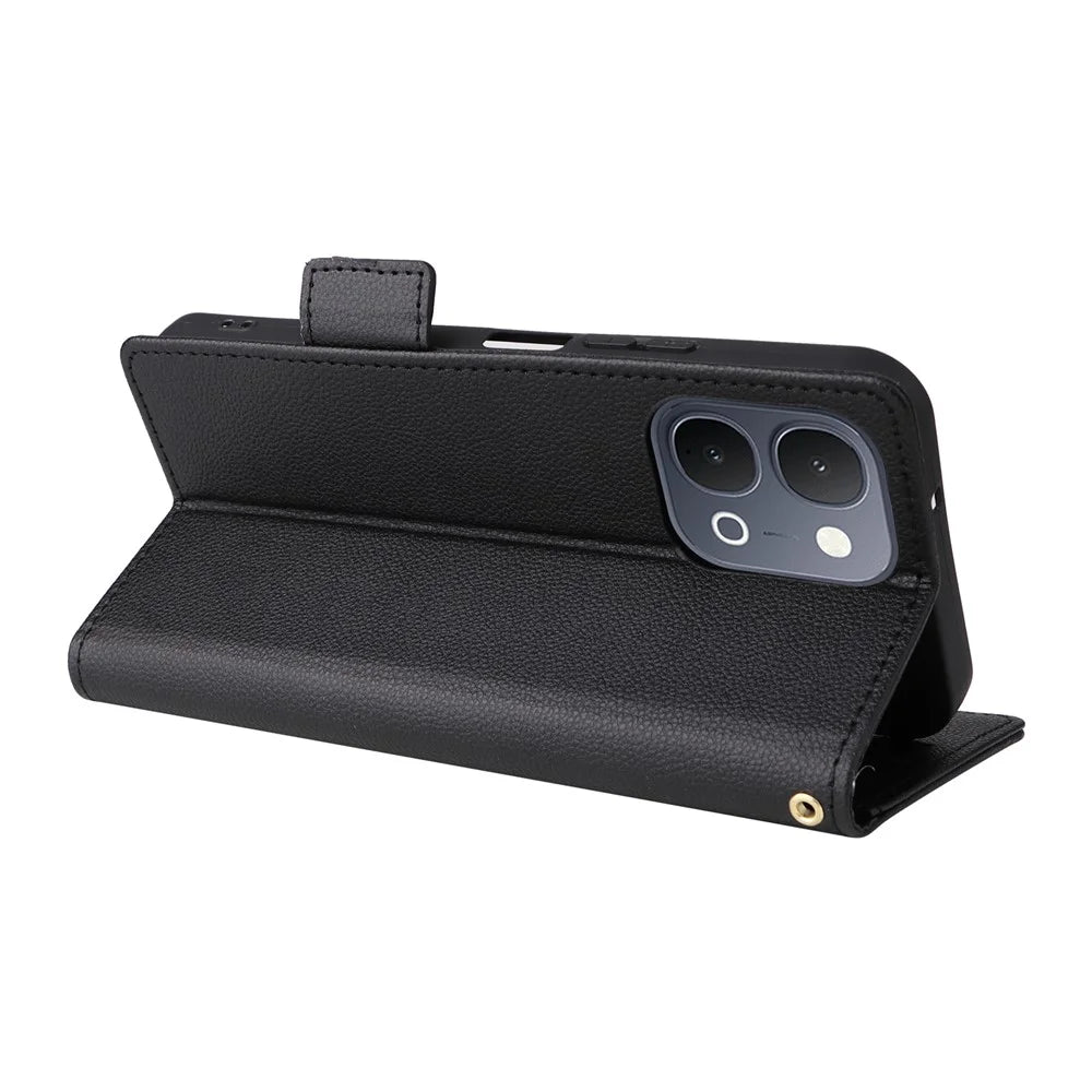 Phone Case For vivo Y31d 4G  /  Y500i 5G Litchi Texture Wallet Leather Phone Cover with Wrist Strap - Black - 4