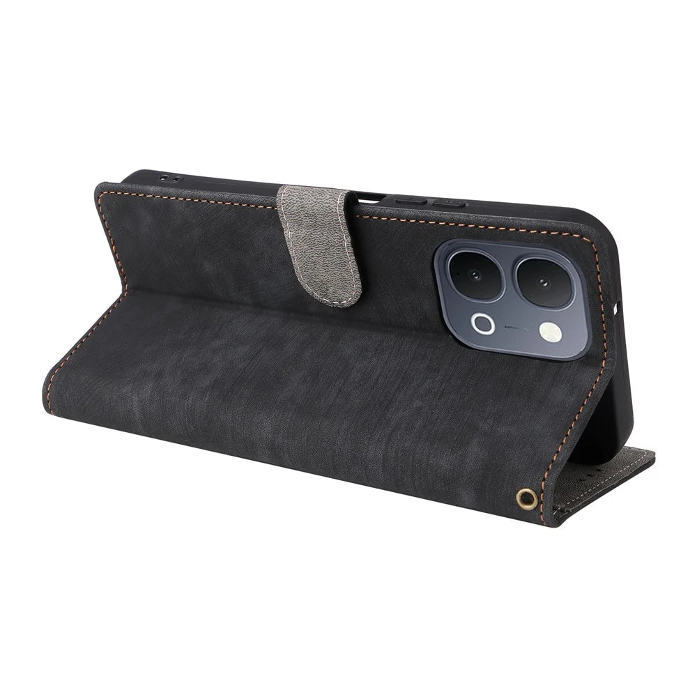 Phone Case For vivo Y31d 4G  /  Y500i 5G Wallet RFID Blocking PU Leather Phone Cover Stand with Strap - Black - 4