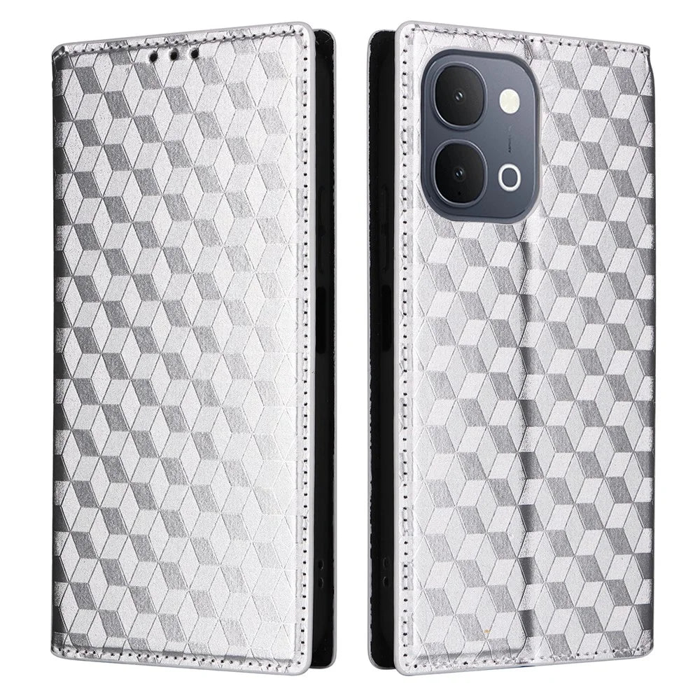 Phone Case for vivo Y31d 4G  /  Y500i 5G Wallet Rhombus Imprinted PU Leather Phone Cover - Silver - 1