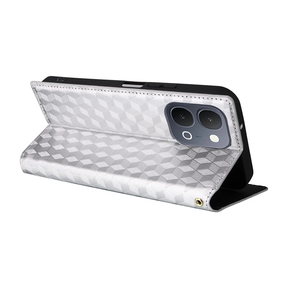Phone Case for vivo Y31d 4G  /  Y500i 5G Wallet Rhombus Imprinted PU Leather Phone Cover - Silver - 4
