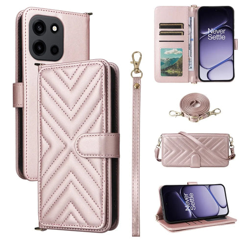 For OnePlus Nord CE6 5G / Nord 6 5G / Turbo 6V 5G / Turbo 6 5G Leather Case Stand Wallet Phone Cover with Shoulder  /  Wrist Strap - Pink - 1