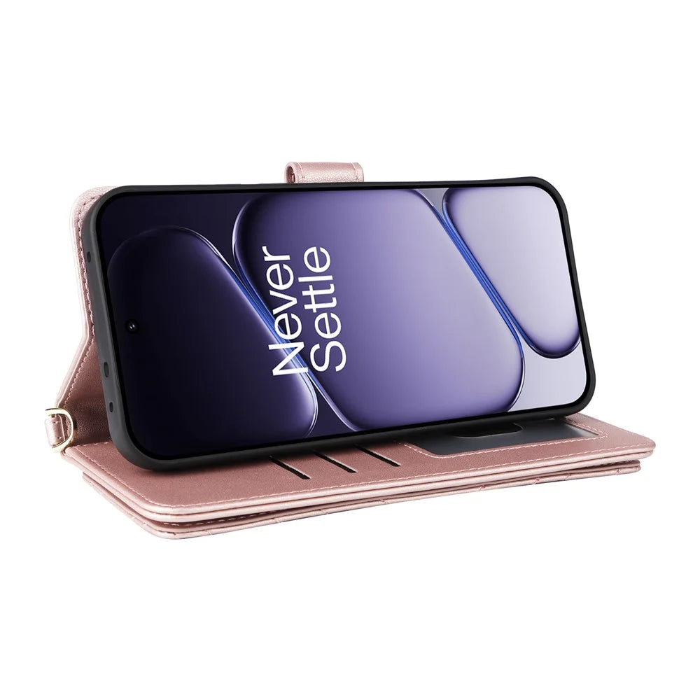 For OnePlus Nord CE6 5G / Nord 6 5G / Turbo 6V 5G / Turbo 6 5G Leather Case Stand Wallet Phone Cover with Shoulder  /  Wrist Strap - Pink - 5