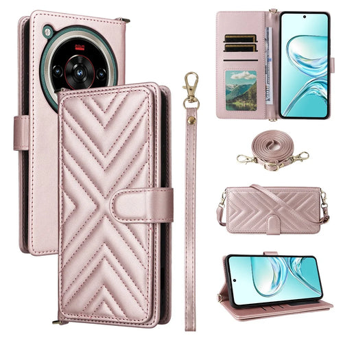 For ZTE nubia Focus 2 Ultra 5G Leather Case Stand Wallet Phone Cover with Shoulder  /  Wrist Strap - Pink - 1