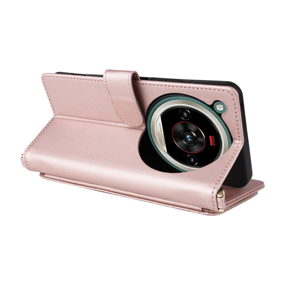 For ZTE nubia Focus 2 Ultra 5G Leather Case Stand Wallet Phone Cover with Shoulder  /  Wrist Strap - Pink - 6