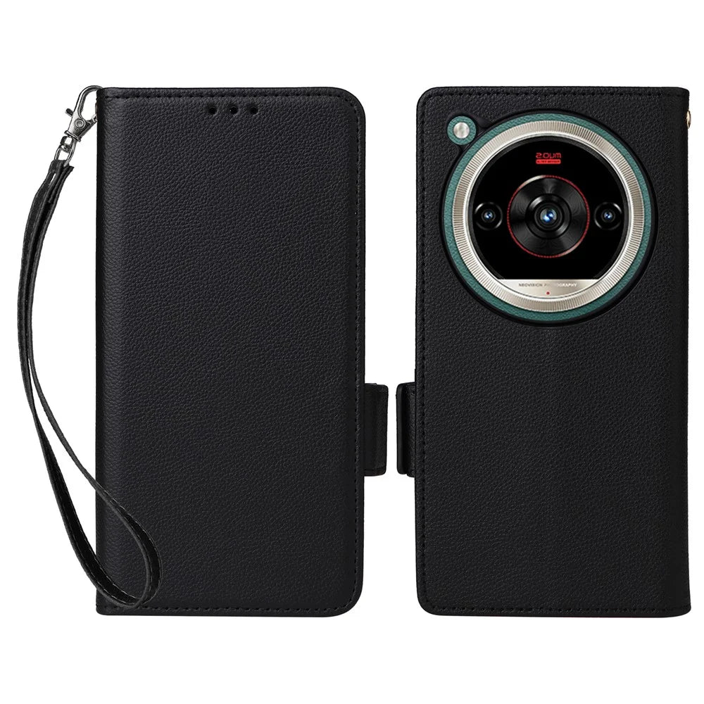 Phone Case For ZTE nubia Focus 2 Ultra 5G Litchi Texture Wallet Leather Phone Cover with Wrist Strap - Black - 1