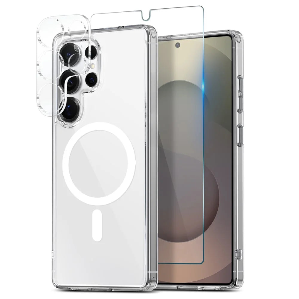 NORTHJO For Samsung Galaxy S25 Ultra Magnetic Case PC + TPU Phone Cover Set with Front Screen Protector + Lens Film - Transparent - 1
