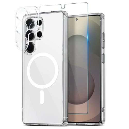 NORTHJO For Samsung Galaxy S25 Ultra Magnetic Case PC + TPU Phone Cover Set with Front Screen Protector + Lens Film - Transparent - 1