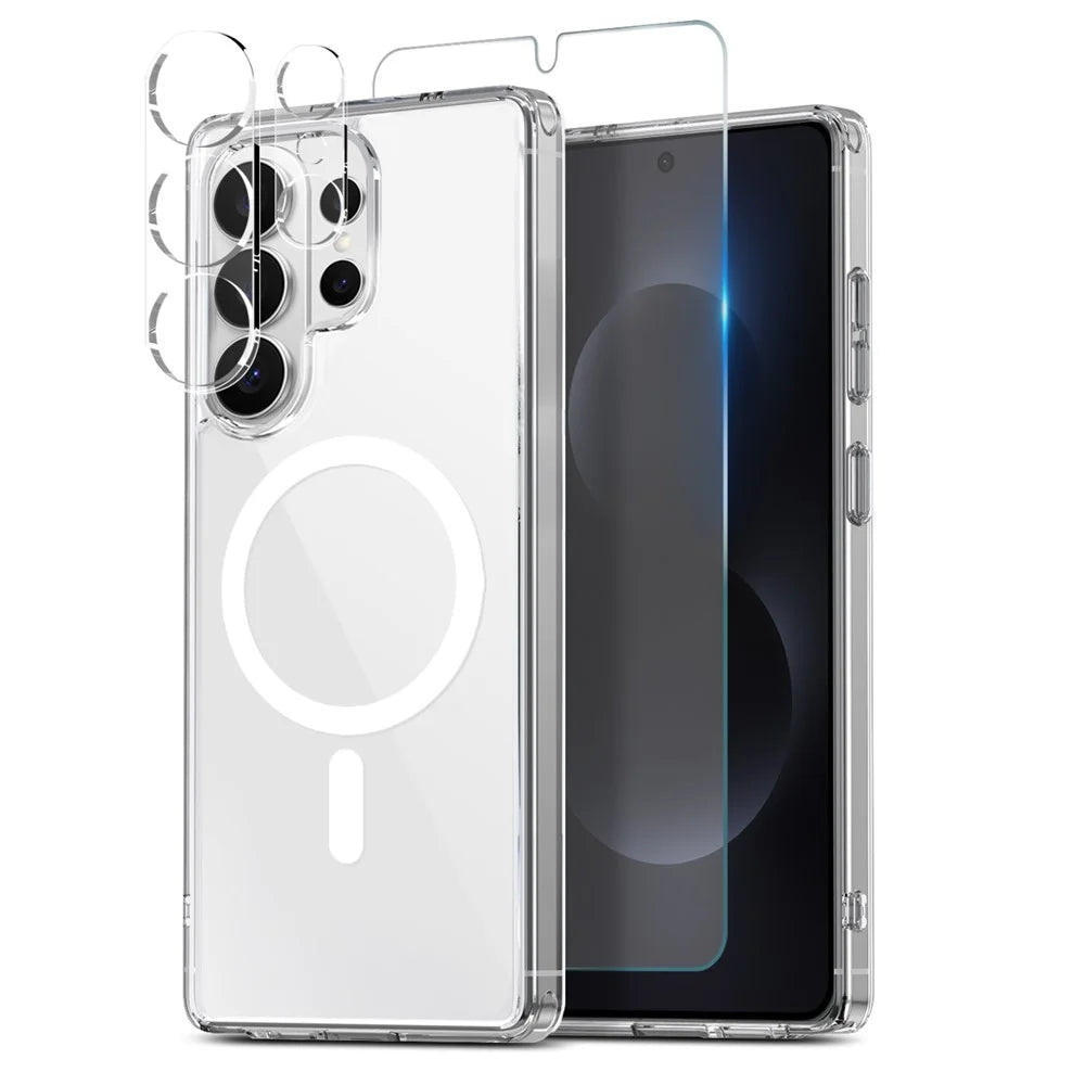 NORTHJO For Samsung Galaxy S26 Ultra Magnetic Case PC + TPU Phone Cover Set with Front Screen Protector + Lens Film - Transparent - 1