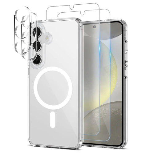 NORTHJO 5 in 1 Set for Samsung Galaxy S24+ Magnetic Case PC + TPU Phone Cover with 2 Front Screen Protector (Support Fingerprint Unlock) + 2 Lens Film - Transparent - 1