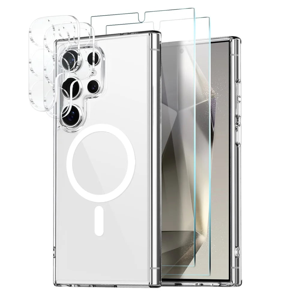 NORTHJO 5 in 1 Set for Samsung Galaxy S24 Ultra Magnetic Case PC + TPU Phone Cover with 2 Front Screen Protector (Support Fingerprint Unlock) + 2 Lens Film - Transparent - 1