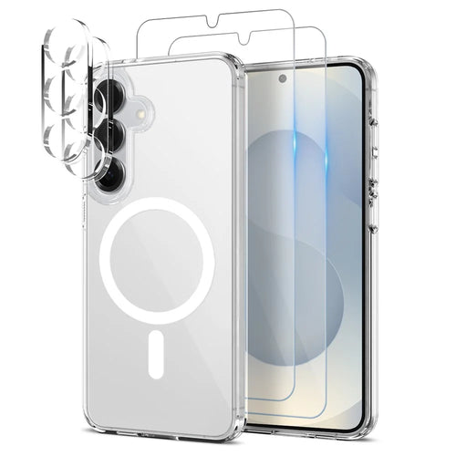 NORTHJO 5 in 1 Set for Samsung Galaxy S25 Magnetic Case PC + TPU Phone Cover with 2 Front Screen Protector (Support Fingerprint Unlock) + 2 Lens Film - Transparent - 1