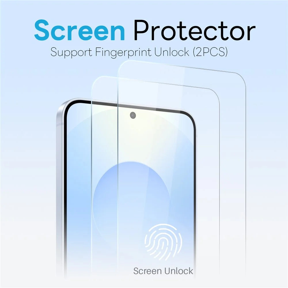 NORTHJO 5 in 1 Set for Samsung Galaxy S25 Magnetic Case PC + TPU Phone Cover with 2 Front Screen Protector (Support Fingerprint Unlock) + 2 Lens Film - Transparent - 3