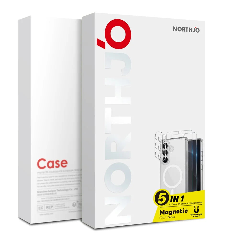 NORTHJO 5 in 1 Set for Samsung Galaxy S25 Magnetic Case PC + TPU Phone Cover with 2 Front Screen Protector (Support Fingerprint Unlock) + 2 Lens Film - Transparent - 5