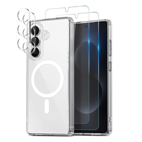NORTHJO 5 in 1 Set for Samsung Galaxy S26+ Magnetic Case PC + TPU Phone Cover with 2 Front Screen Protector (Support Fingerprint Unlock) + 2 Lens Film - Transparent - 1