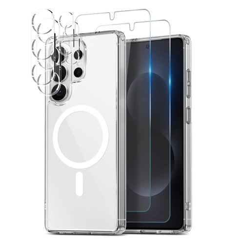 NORTHJO 5 in 1 Set for Samsung Galaxy S26 Ultra Magnetic Case PC + TPU Phone Cover with 2 Front Screen Protector (Support Fingerprint Unlock) + 2 Lens Film - Transparent - 1