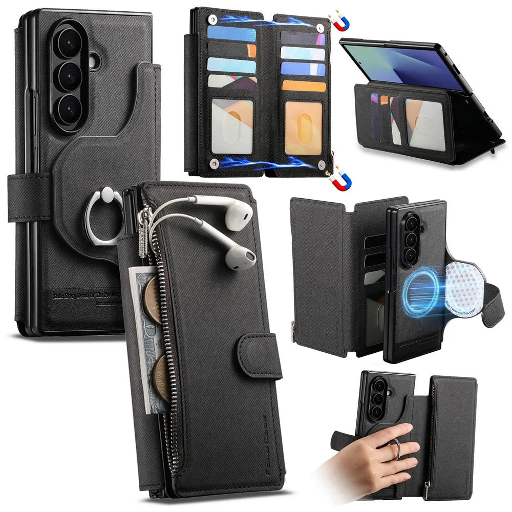 For Samsung Galaxy Z Fold7 5G Magnetic Case Detachable Wallet Stand Cloth Texture Leather + PC + TPU Phone Cover - Black - 1