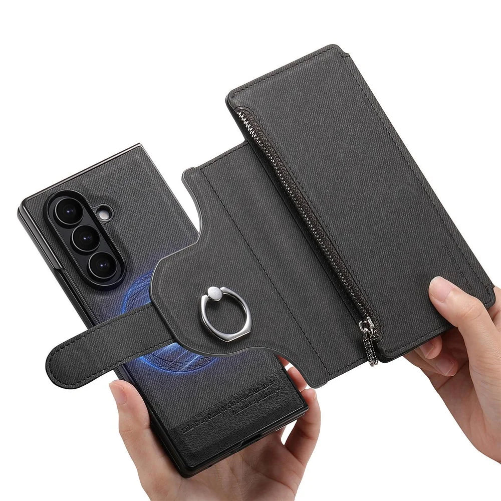 For Samsung Galaxy Z Fold7 5G Magnetic Case Detachable Wallet Stand Cloth Texture Leather + PC + TPU Phone Cover - Black - 5