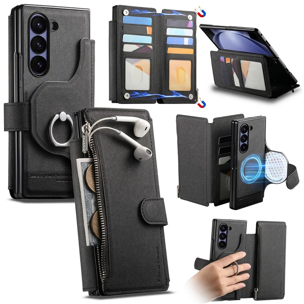 For Samsung Galaxy Z Fold5 5G Magnetic Case Detachable Wallet Stand Cloth Texture Leather + PC + TPU Phone Cover - Black - 1