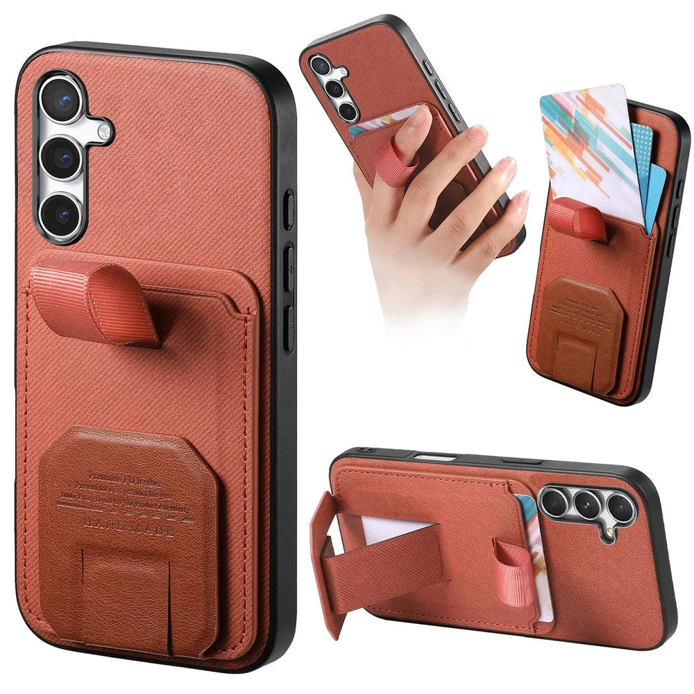 For Samsung Galaxy A57 5G Case Cloth Texture TPU PU Leather PC Phone Back Cover with Card Holder Kickstand - Brown - 1
