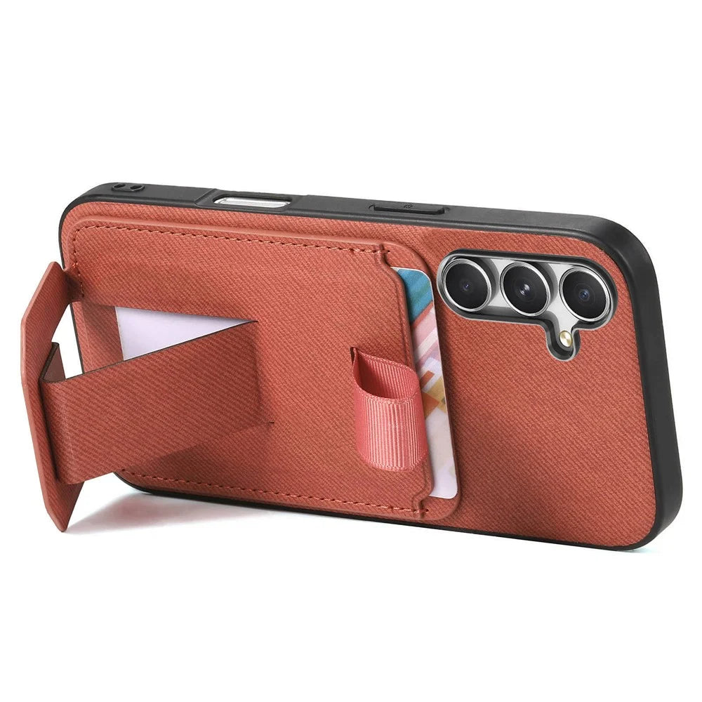 For Samsung Galaxy A57 5G Case Cloth Texture TPU PU Leather PC Phone Back Cover with Card Holder Kickstand - Brown - 4