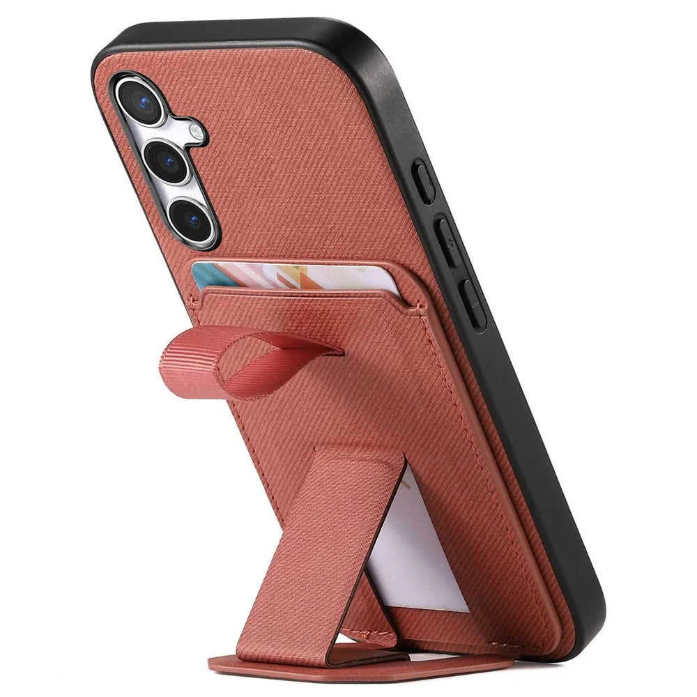 For Samsung Galaxy A57 5G Case Cloth Texture TPU PU Leather PC Phone Back Cover with Card Holder Kickstand - Brown - 5