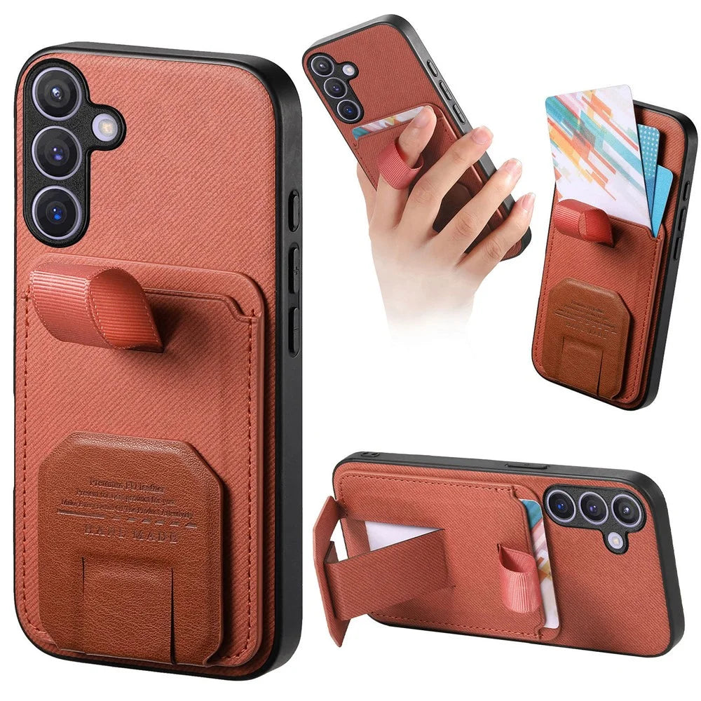 For Samsung Galaxy S26+ Case Cloth Texture TPU PU Leather PC Phone Back Cover with Card Holder Kickstand - Brown - 1