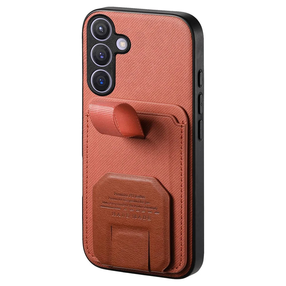 For Samsung Galaxy S26+ Case Cloth Texture TPU PU Leather PC Phone Back Cover with Card Holder Kickstand - Brown - 2