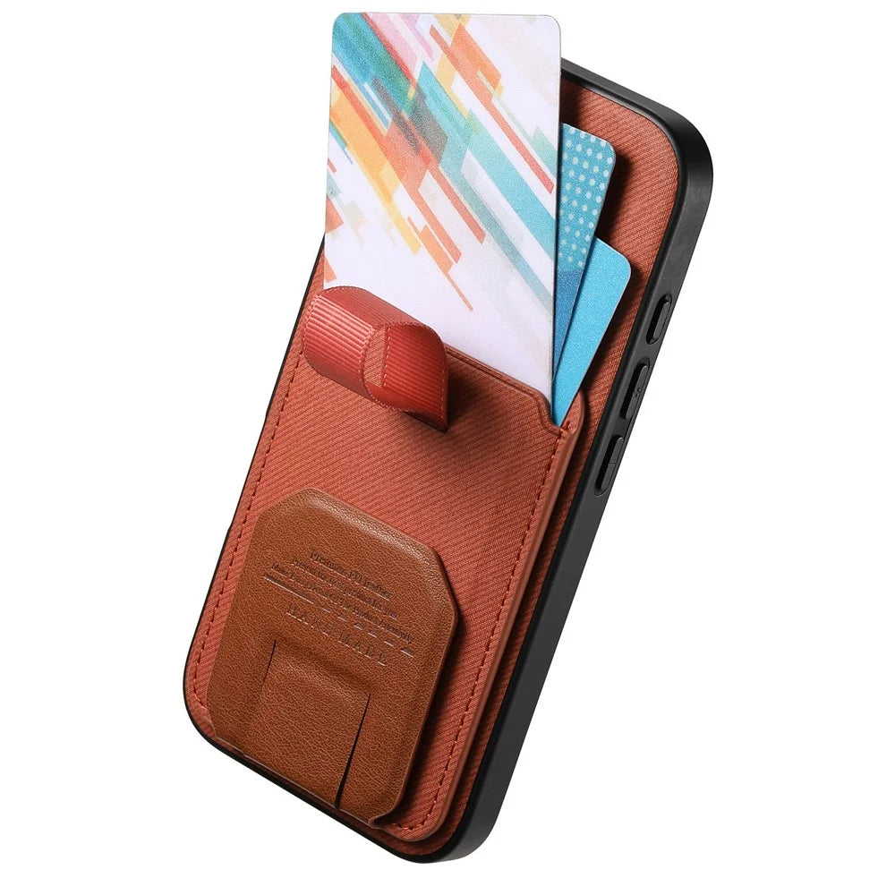 For Samsung Galaxy S26+ Case Cloth Texture TPU PU Leather PC Phone Back Cover with Card Holder Kickstand - Brown - 3