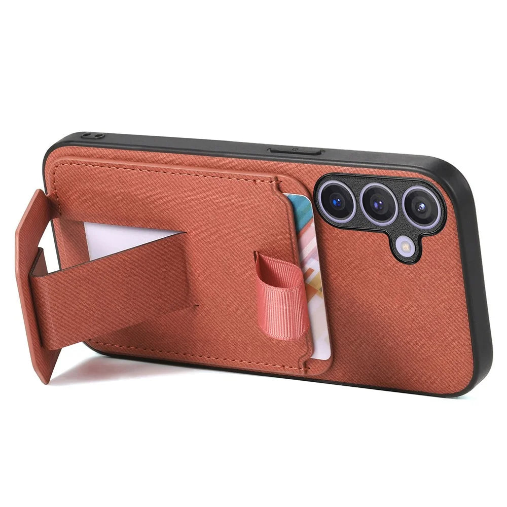For Samsung Galaxy S26+ Case Cloth Texture TPU PU Leather PC Phone Back Cover with Card Holder Kickstand - Brown - 4