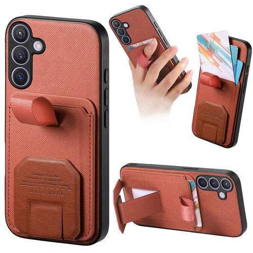 For Samsung Galaxy S26 Case Cloth Texture TPU PU Leather PC Phone Back Cover with Card Holder Kickstand - Brown - 1