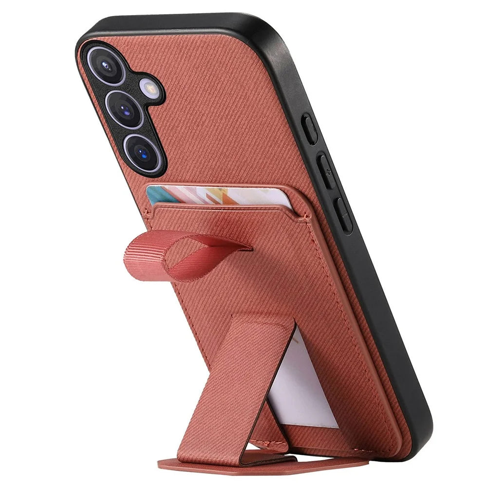 For Samsung Galaxy S26 Case Cloth Texture TPU PU Leather PC Phone Back Cover with Card Holder Kickstand - Brown - 5
