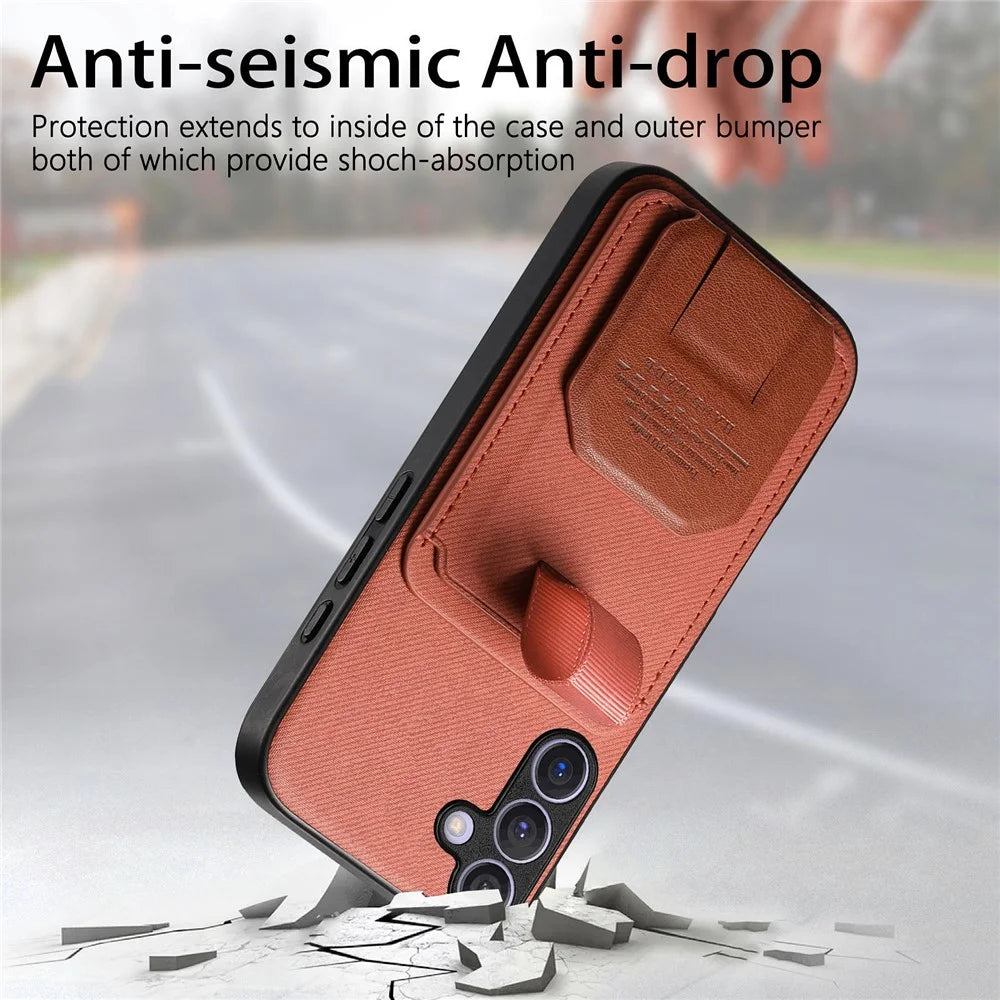 For Samsung Galaxy S26 Case Cloth Texture TPU PU Leather PC Phone Back Cover with Card Holder Kickstand - Brown - 6