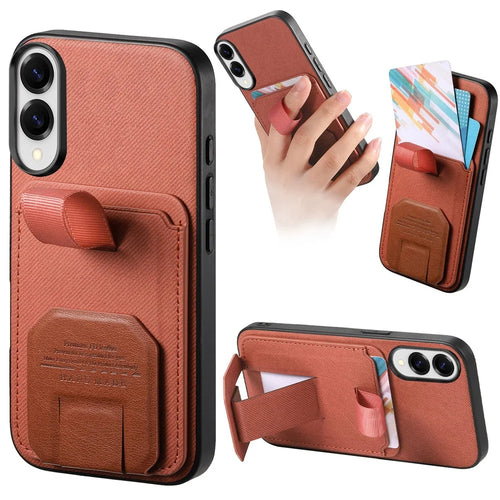For Samsung Galaxy S25 Edge Case Cloth Texture TPU PU Leather PC Phone Back Cover with Card Holder Kickstand - Brown - 1