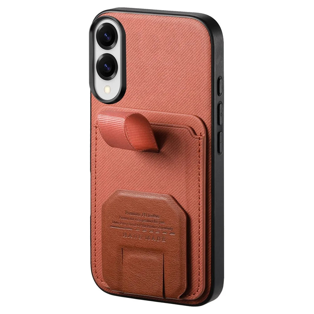 For Samsung Galaxy S25 Edge Case Cloth Texture TPU PU Leather PC Phone Back Cover with Card Holder Kickstand - Brown - 2